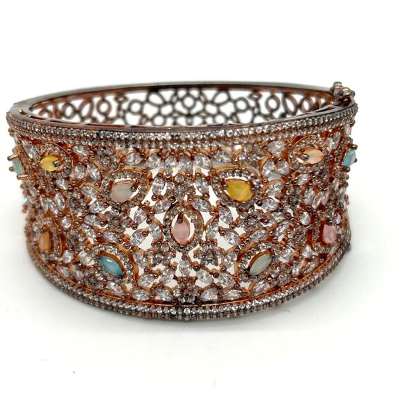 Vintage Filigree Hinge Bracelet Rose Gold-tone Rhinestones Safety Clasp - Picture 2 of 16